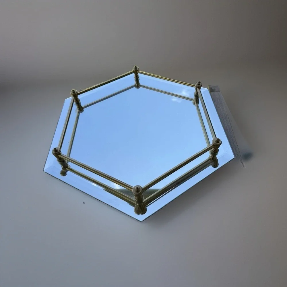 Hexagon Beveled Mirrored Vanity Tray Brass Tone Rail VTG Hollywood Regency 12